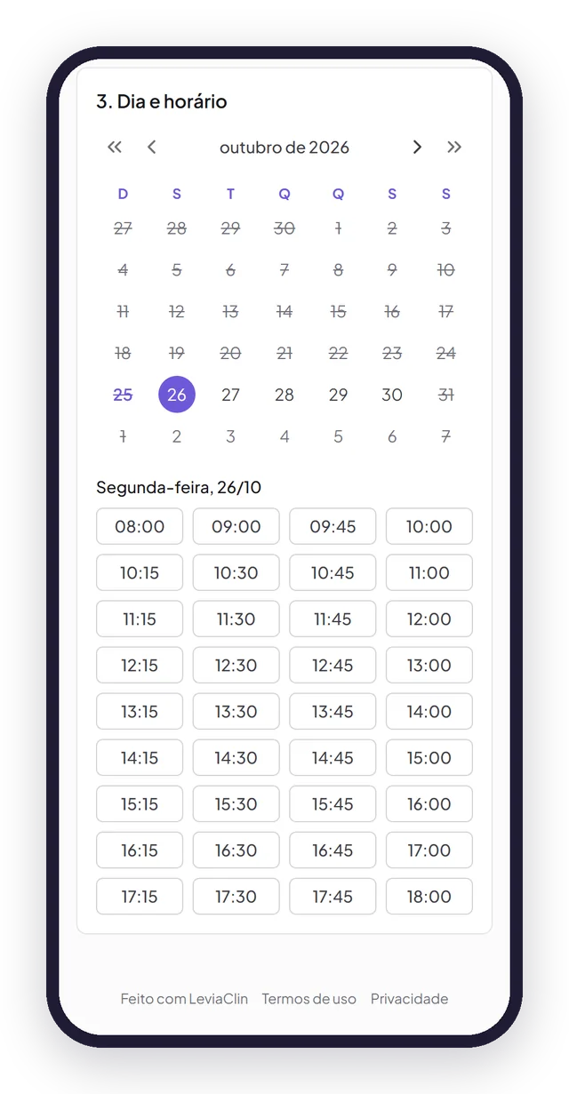 Página de agendamento online da clínica no celular, com os serviços e os horários livres para a paciente escolher.