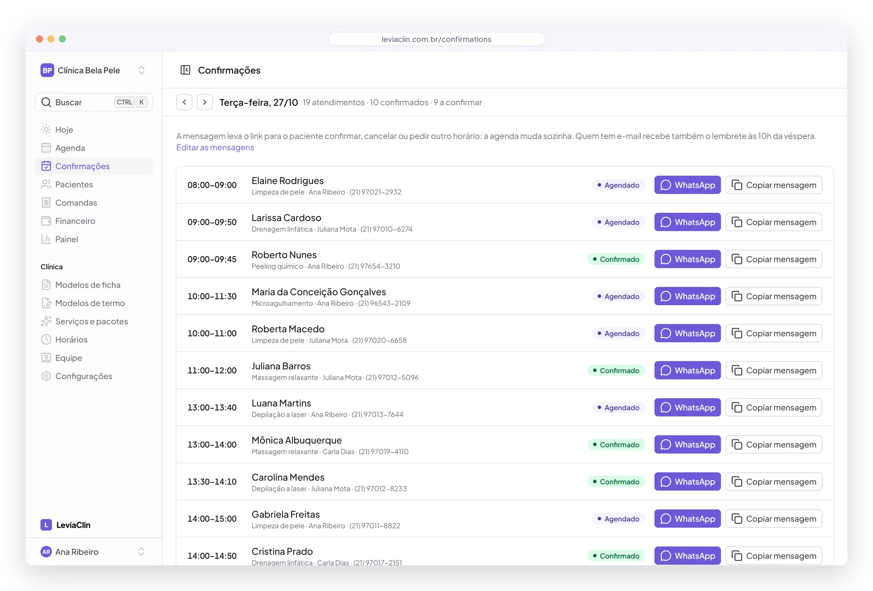 Tela de confirmações com os atendimentos de amanhã e os botões para enviar a mensagem pelo WhatsApp ou copiar.