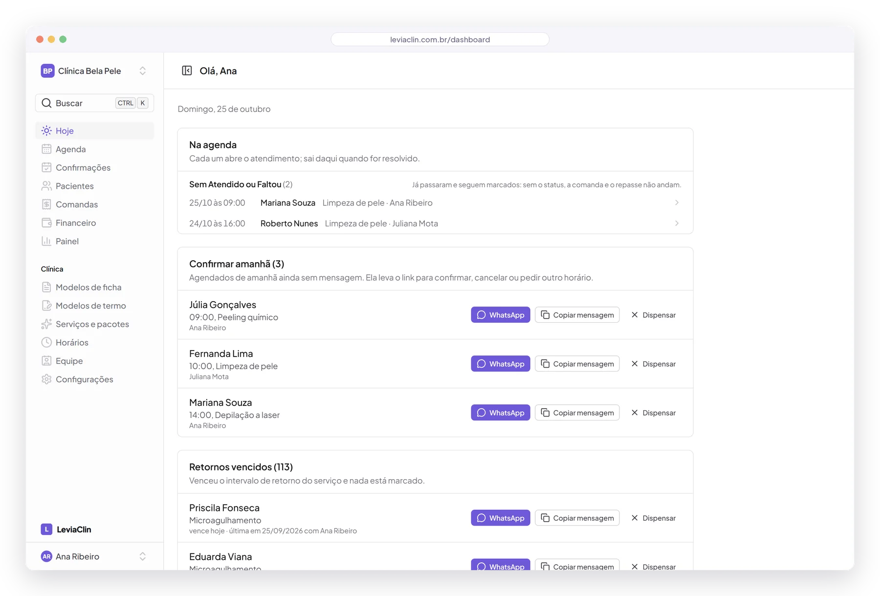 Tela inicial da LeviaClin com os atendimentos do dia e a lista do que fazer: confirmações pendentes, retornos vencidos, pacotes no fim e aniversariantes.
